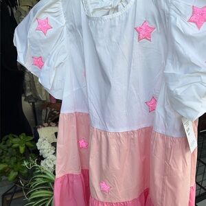 Bubble gum light pink & white ruffled puff sleeve sequin dress long bow tie back
